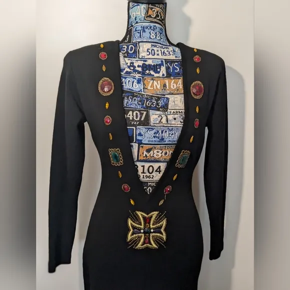 VTG 80s Andrea Jovine SEXY Black Knit 100% Wool Jeweled Low Back Dress
