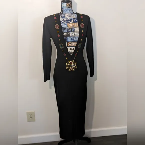 VTG 80s Andrea Jovine SEXY Black Knit 100% Wool Jeweled Low Back Dress