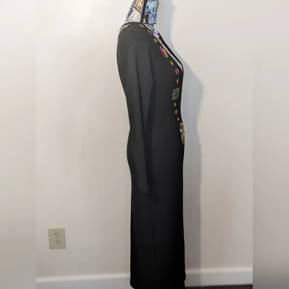 VTG 80s Andrea Jovine SEXY Black Knit 100% Wool Jeweled Low Back Dress