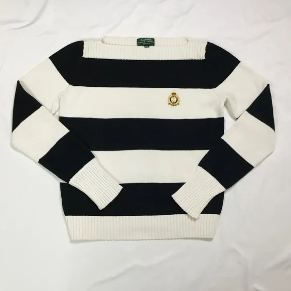 Vtg Lauren Ralph Lauren Sweater Size Small Striped Boat Neck Black White Classic