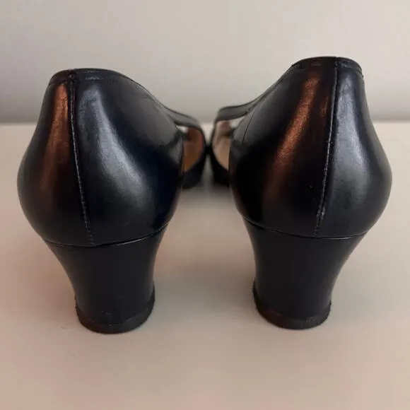 Vtg Salvatore Ferragamo Open Toe Heels Sz 9 40 Navy Blue Leather Shoes Pumps