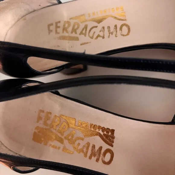 Vtg Salvatore Ferragamo Open Toe Heels Sz 9 40 Navy Blue Leather Shoes Pumps