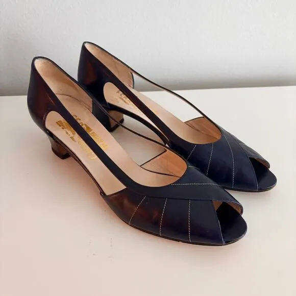 Vtg Salvatore Ferragamo Open Toe Heels Sz 9 40 Navy Blue Leather Shoes Pumps