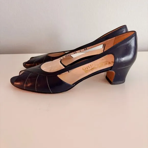 Vtg Salvatore Ferragamo Open Toe Heels Sz 9 40 Navy Blue Leather Shoes Pumps