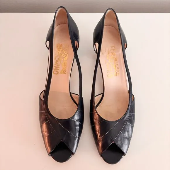 Vtg Salvatore Ferragamo Open Toe Heels Sz 9 40 Navy Blue Leather Shoes Pumps