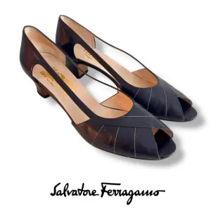 Vtg Salvatore Ferragamo Open Toe Heels Sz 9 40 Navy Blue Leather Shoes Pumps