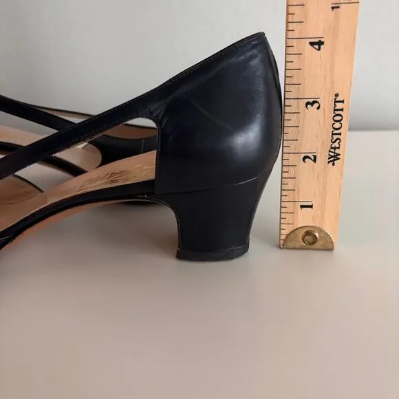 Vtg Salvatore Ferragamo Open Toe Heels Sz 9 40 Navy Blue Leather Shoes Pumps