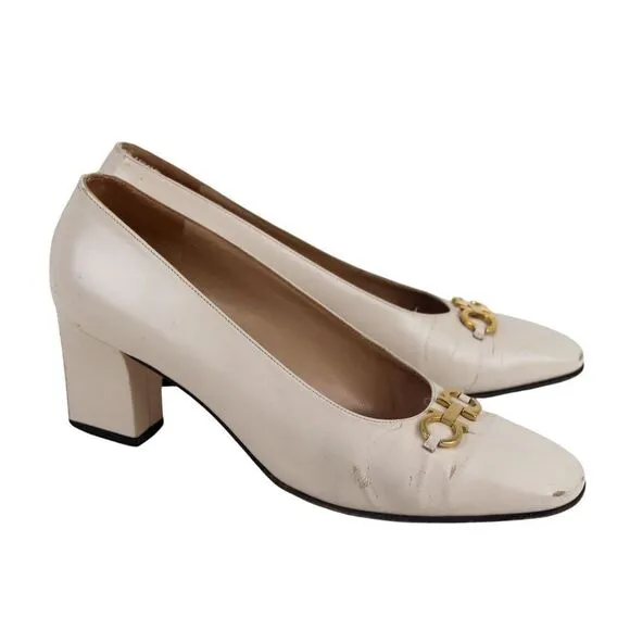 VTG Salvatore Ferragamo BEIGE REAL LEATHER MID HEEL CLASSIC PUMP SHOES Sz 8.5 B