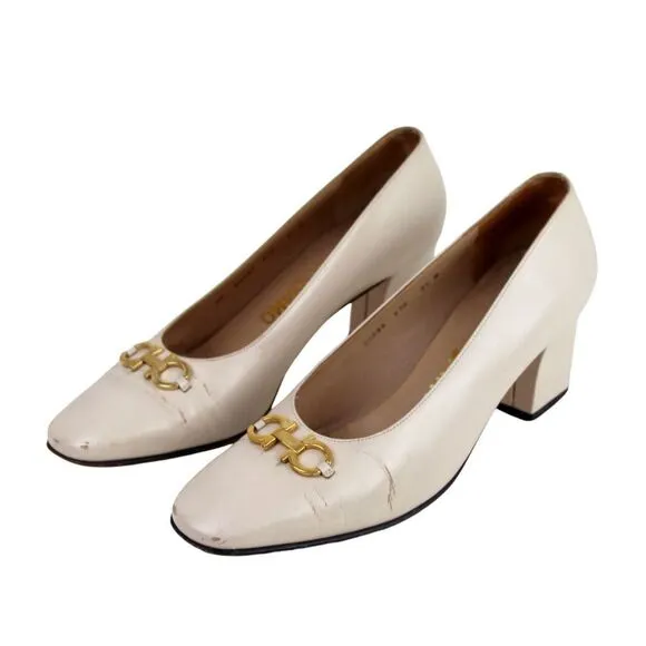 VTG Salvatore Ferragamo BEIGE REAL LEATHER MID HEEL CLASSIC PUMP SHOES Sz 8.5 B
