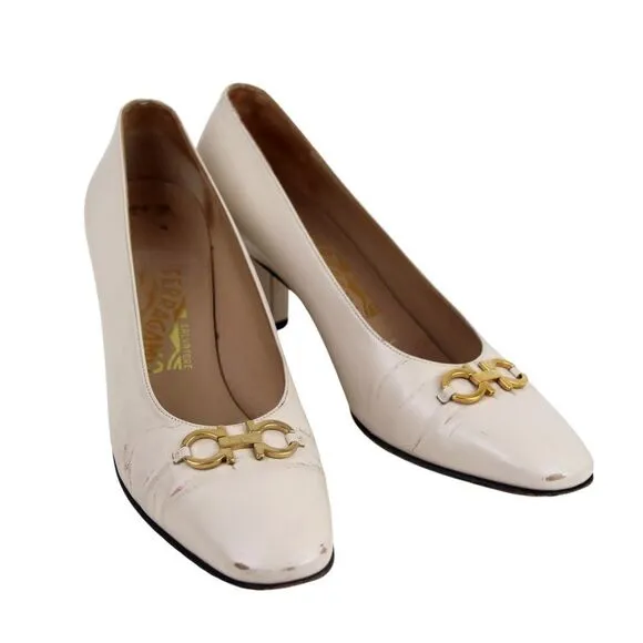 VTG Salvatore Ferragamo BEIGE REAL LEATHER MID HEEL CLASSIC PUMP SHOES Sz 8.5 B