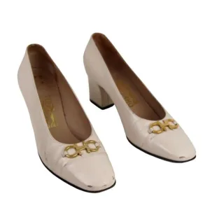 VTG Salvatore Ferragamo BEIGE REAL LEATHER MID HEEL CLASSIC PUMP SHOES Sz 8.5 B
