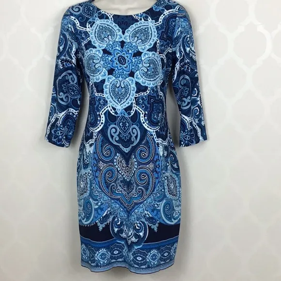 WHBM 3/4 SLEEVE PRINTED KNIT SHIFT DRESS