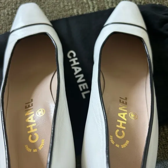 White Chanel shoes with black details, classic Chanel shoes for women
