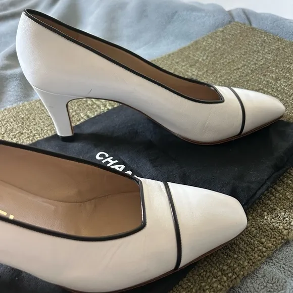 White Chanel shoes with black details, classic Chanel shoes for women