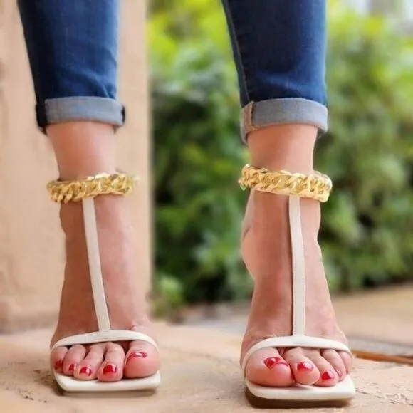 White T Strap Open Toe Ankle Chain Heel