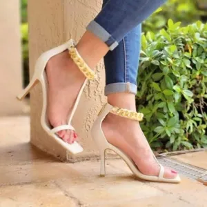 White T Strap Open Toe Ankle Chain Heel