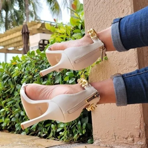 White T Strap Open Toe Ankle Chain Heel