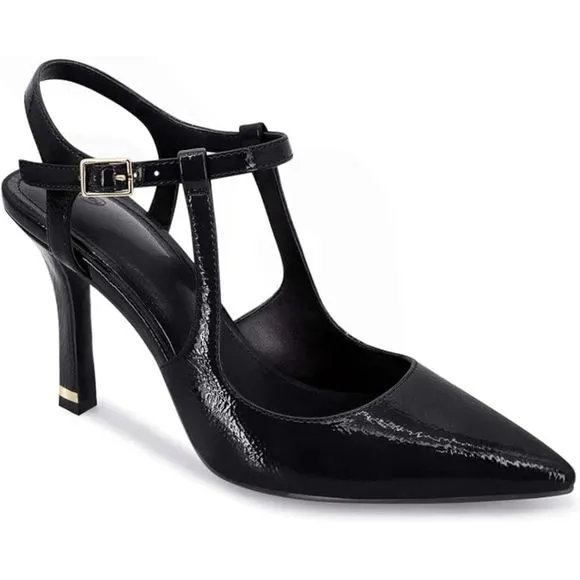 Women Black High Heels Pointed Toe Ankle Strap Pumps Patent Leather Shoes