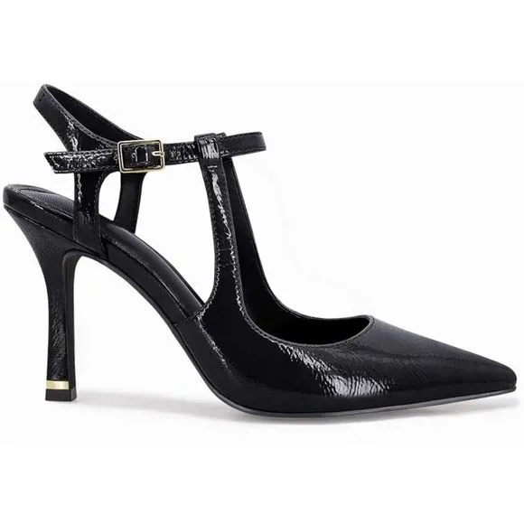 Women Black High Heels Pointed Toe Ankle Strap Pumps Patent Leather Shoes