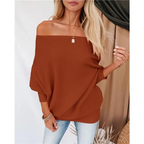 Women's Fall Sweaters Long Batwing Sleeve Loose Off Shoulder Knit Pullovers