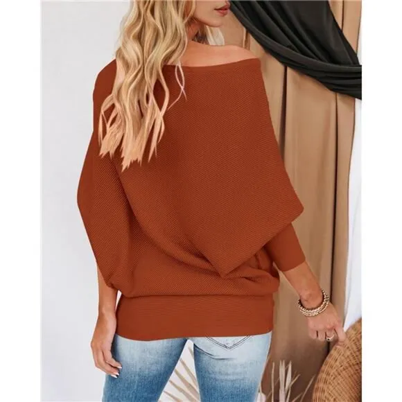 Women's Fall Sweaters Long Batwing Sleeve Loose Off Shoulder Knit Pullovers