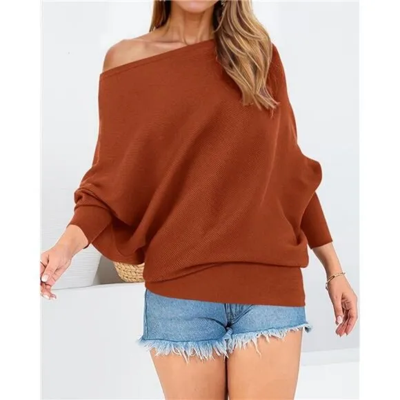 Women's Fall Sweaters Long Batwing Sleeve Loose Off Shoulder Knit Pullovers