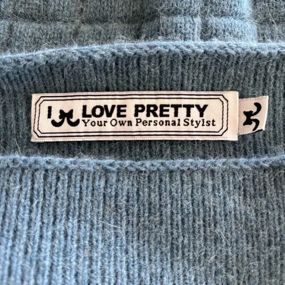 Women's I Love Pretty blue designer boat neck fox fur blend sweater osfm
