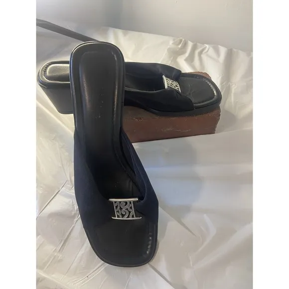 Women's Isabel Brighton Slip-On Wedge Sandals-All Black-Silver Accents-Size 9