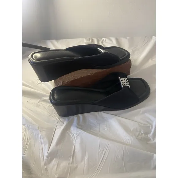 Women's Isabel Brighton Slip-On Wedge Sandals-All Black-Silver Accents-Size 9