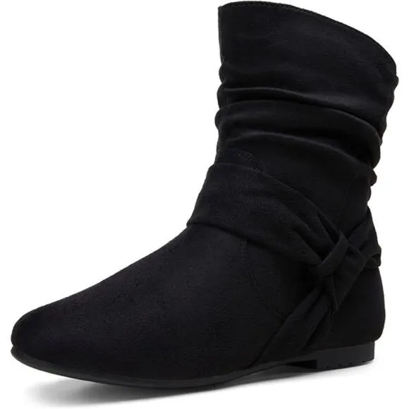 Women's Mid Calf Boots Fashion Slouch Flat Ankle Booties with Comfort