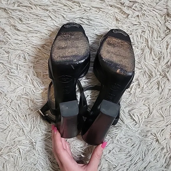 Womens Prada Black Heels T Strap Peep Toe Size 37.5 Leather Chic Shoes Pumps