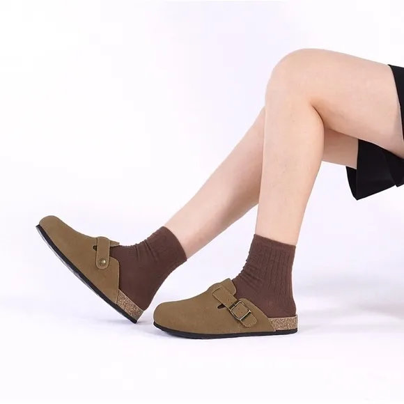 Women's Suede Clogs Adjustable Buckle Slip on Cork Footbed Home Clog Slippers