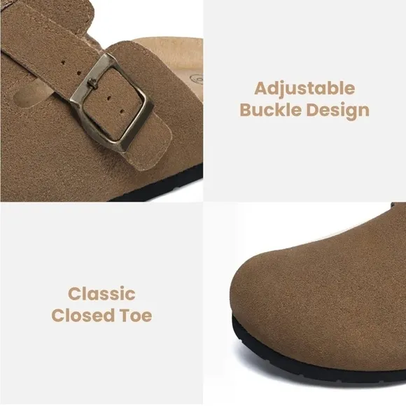 Women's Suede Clogs Adjustable Buckle Slip on Cork Footbed Home Clog Slippers