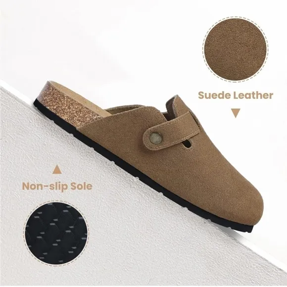 Women's Suede Clogs Adjustable Buckle Slip on Cork Footbed Home Clog Slippers