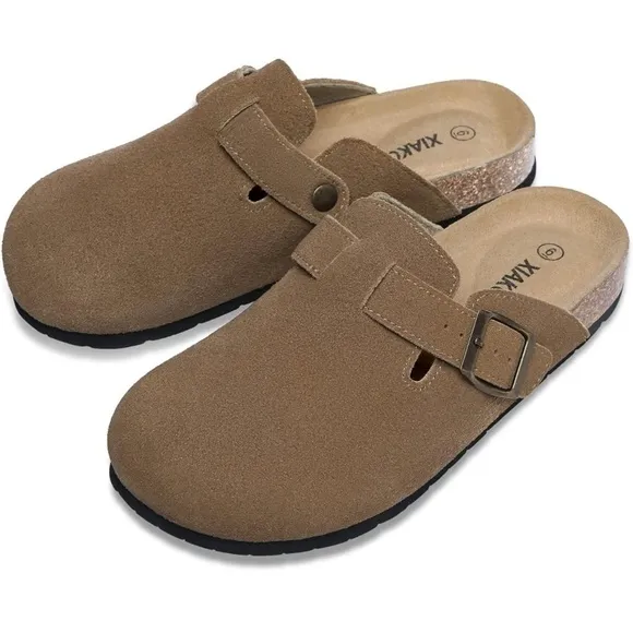 Women's Suede Clogs Adjustable Buckle Slip on Cork Footbed Home Clog Slippers