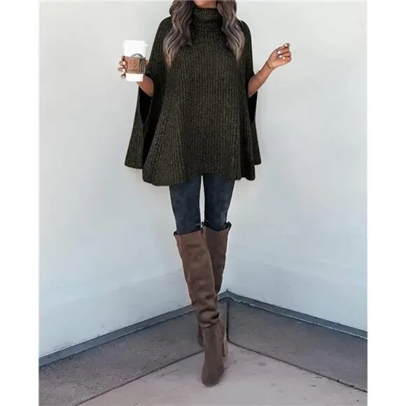 Women's Turtleneck Poncho Sweater Knit Cape Wrap Pullover - Army Green