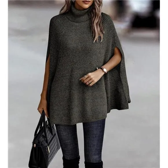Women's Turtleneck Poncho Sweater Knit Cape Wrap Pullover - Army Green