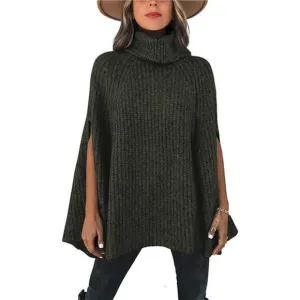 Women's Turtleneck Poncho Sweater Knit Cape Wrap Pullover - Army Green