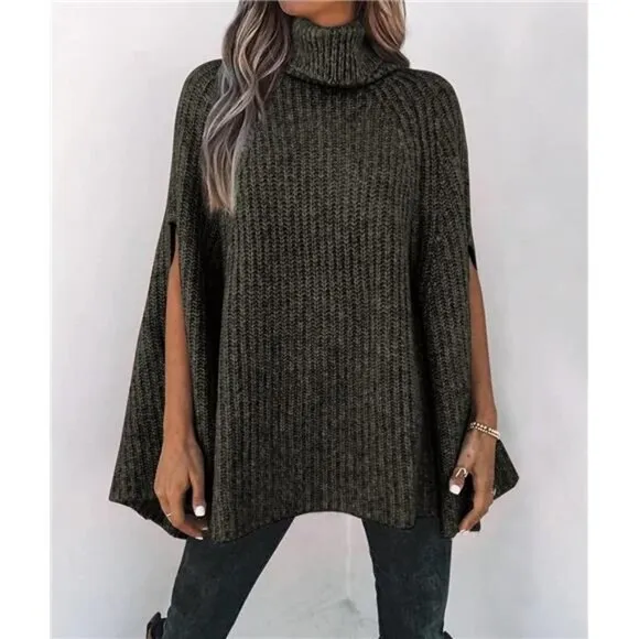 Women's Turtleneck Poncho Sweater Knit Cape Wrap Pullover - Army Green