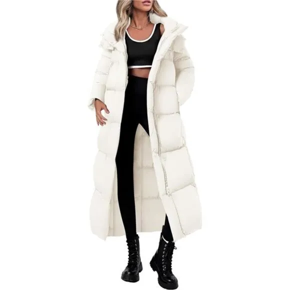 Women’s Winter Long Puffer Coat – Hooded, Zip-Up, Thickened Down Jacket