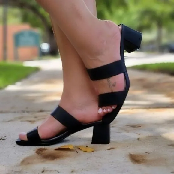 Women's Black Square Sole Double Strap Chunky Heel Sandals