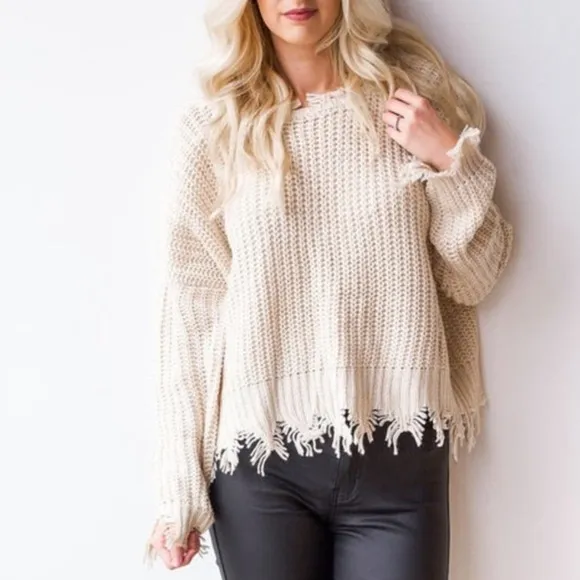 Young Fabulous &amp; Broke Ivory Knit Fringe Pullover Sweater S/M