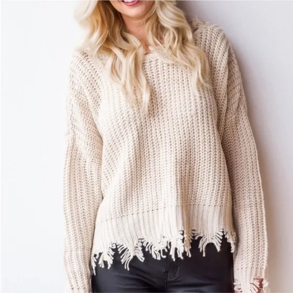 Young Fabulous &amp; Broke Ivory Knit Fringe Pullover Sweater S/M