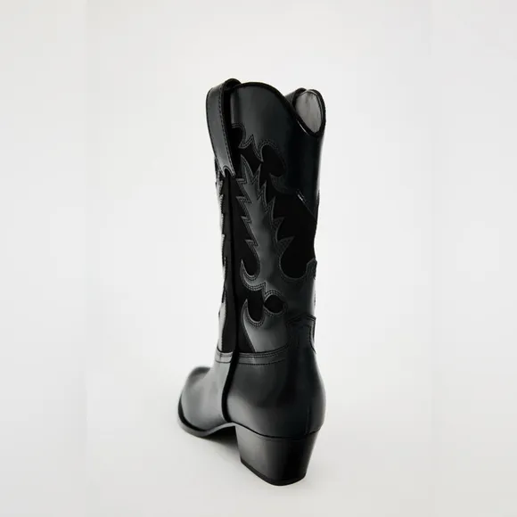 Zara Black faux Leather style Western cowboy  ankle heeled Boots