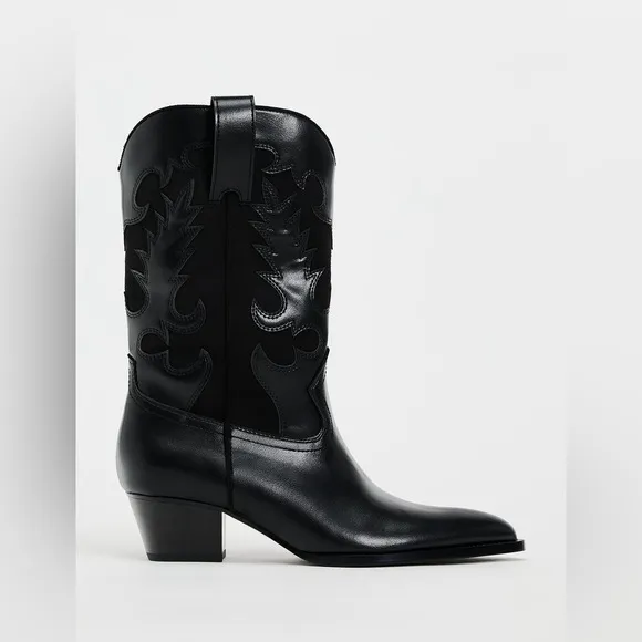 Zara Black faux Leather style Western cowboy  ankle heeled Boots