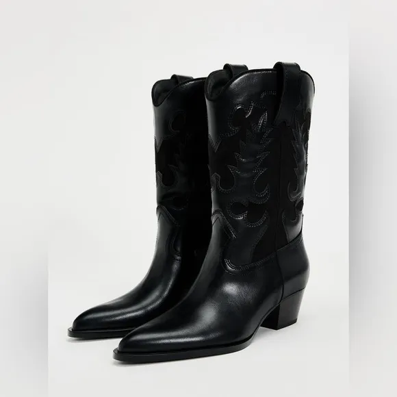 Zara Black faux Leather style Western cowboy  ankle heeled Boots