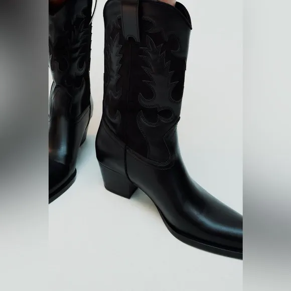 Zara Black faux Leather style Western cowboy  ankle heeled Boots