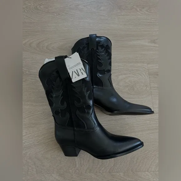 Zara Black faux Leather style Western cowboy  ankle heeled Boots