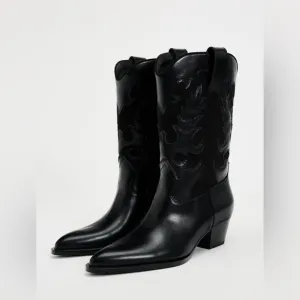 Zara Black faux Leather style Western cowboy  ankle heeled Boots