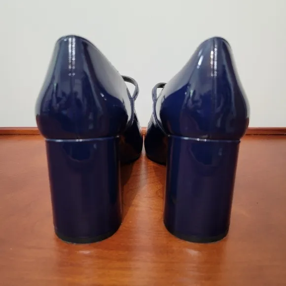 Zara Blue Faux Patent Leather Block Heel Mary Jane Side Strap Shoes Size 8